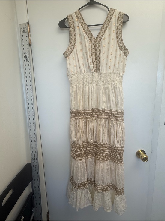 Dresses & Skirts - Sleeveless Cream Boho Maxi Dress with Brown Trim